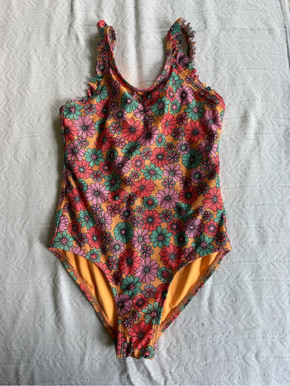 Cat & Jack Yellow Orange Floral Ruffle-Shoulder One-Piece Swim
